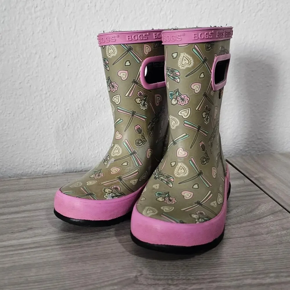 Bogs Skipper Rain Boots Gray Pink Dragonfly Little Kids US 8 Outdoor Waterproof